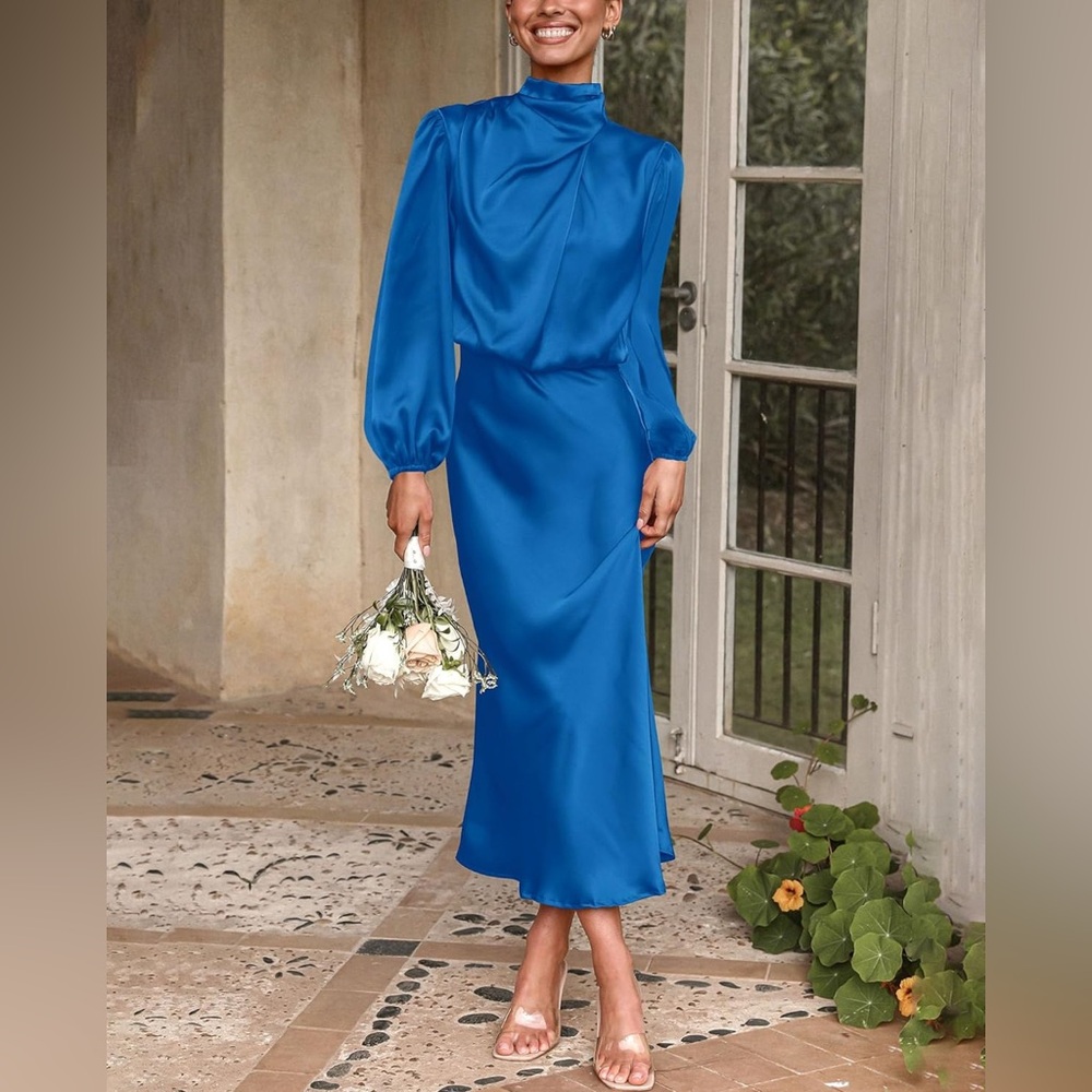BTFBM Mock Neck Satin Elegant Elastic High Waist Formal Wedding Cocktail Dress